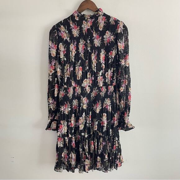 Rebecca Taylor | Women’s Black Floral Smock Dress Silk Ruffles Mock-Neck Flowy M - Picture 11 of 13